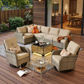 9-Piece Beige Wicker Patio Conversation Set with Swivel Chairs