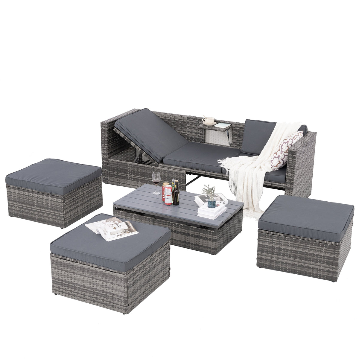 5-Piece Dark Gray PE Rattan Patio Sofa Set with Lift-Top Table
