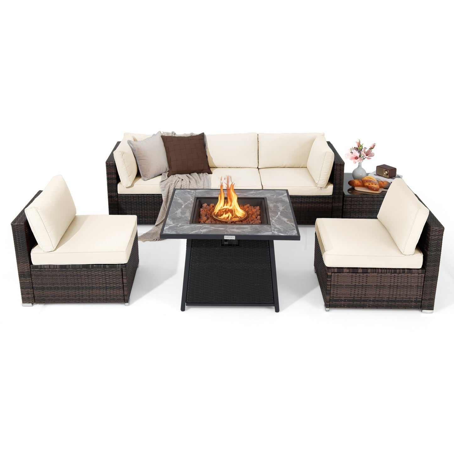 7-Piece Patio Furniture Set with 50,000 BTU Propane Fire Pit Table & Waterproof Cover