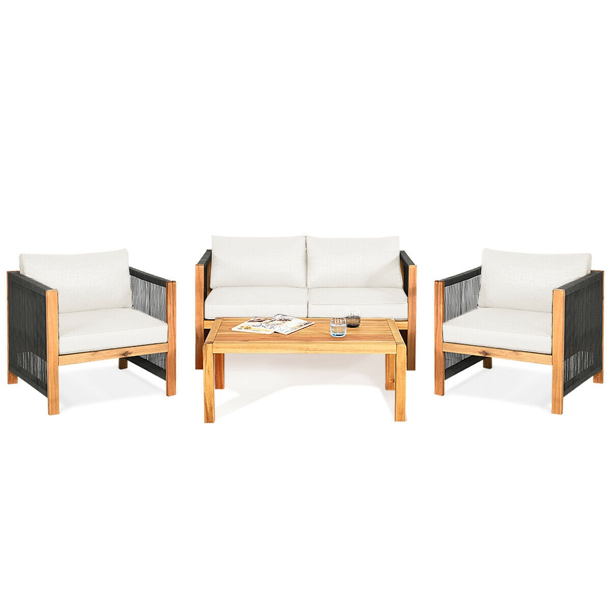 4-Piece Acacia Wood Patio Furniture Set with Cushions