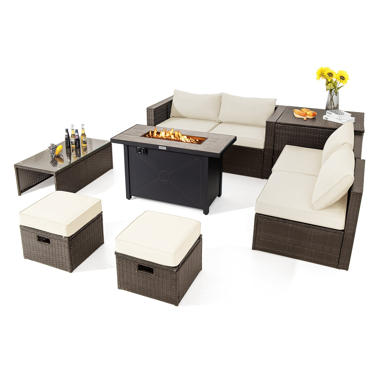 9-Piece Patio Wicker Furniture Set with 42-Inch Fire Pit