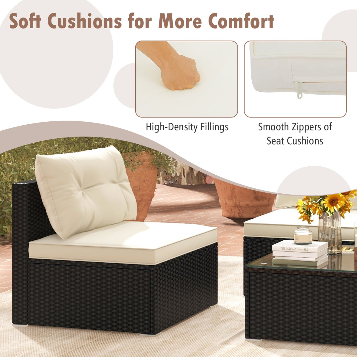 5-Piece Black Wicker Patio Furniture Set with Cushions