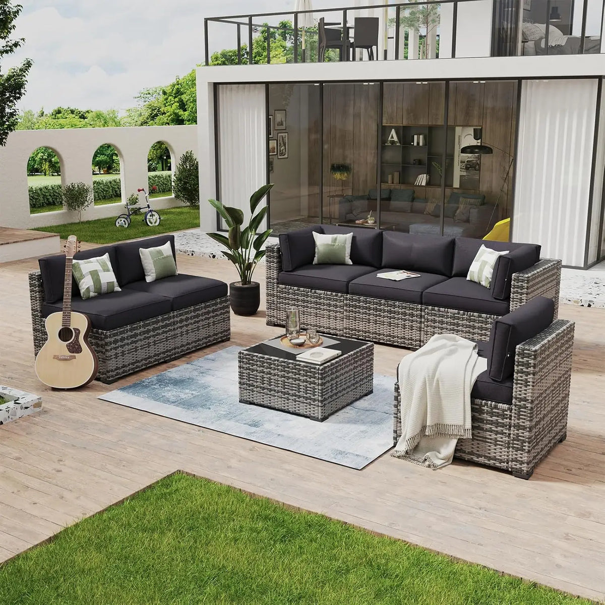 7-Piece Outdoor Wicker Sectional Sofa Set with Coffee Table