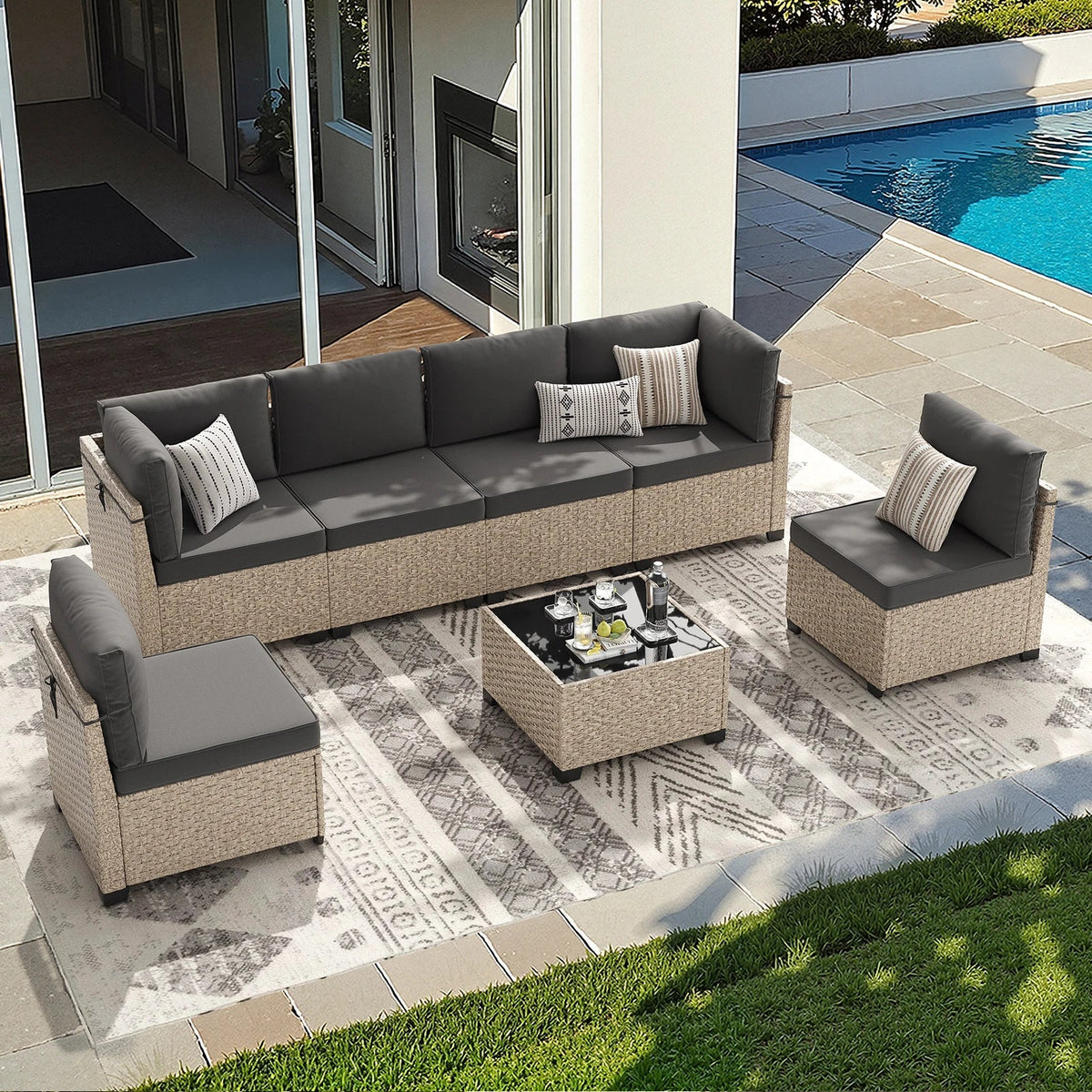 7-Piece Outdoor Rattan Sectional Set with Tempered Glass Table
