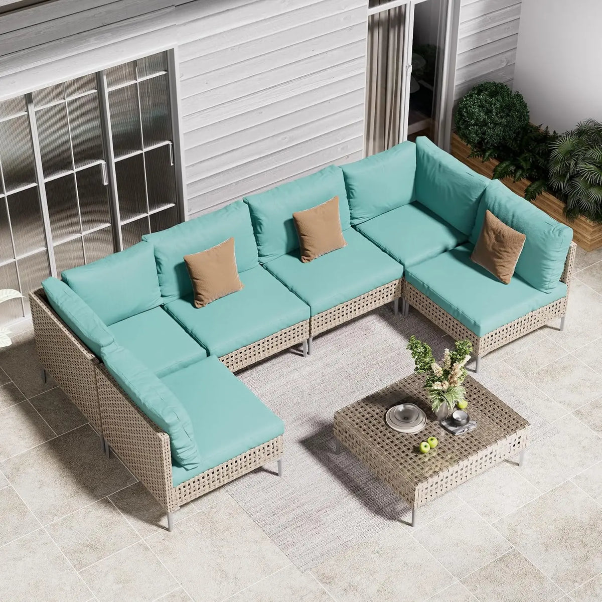 7-Piece Outdoor Wicker Sectional Sofa Set with Glass Table