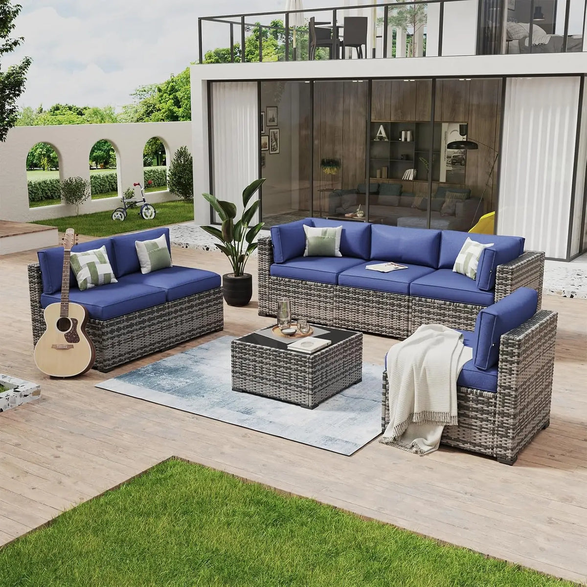 7-Piece Outdoor Wicker Sectional Sofa Set with Coffee Table