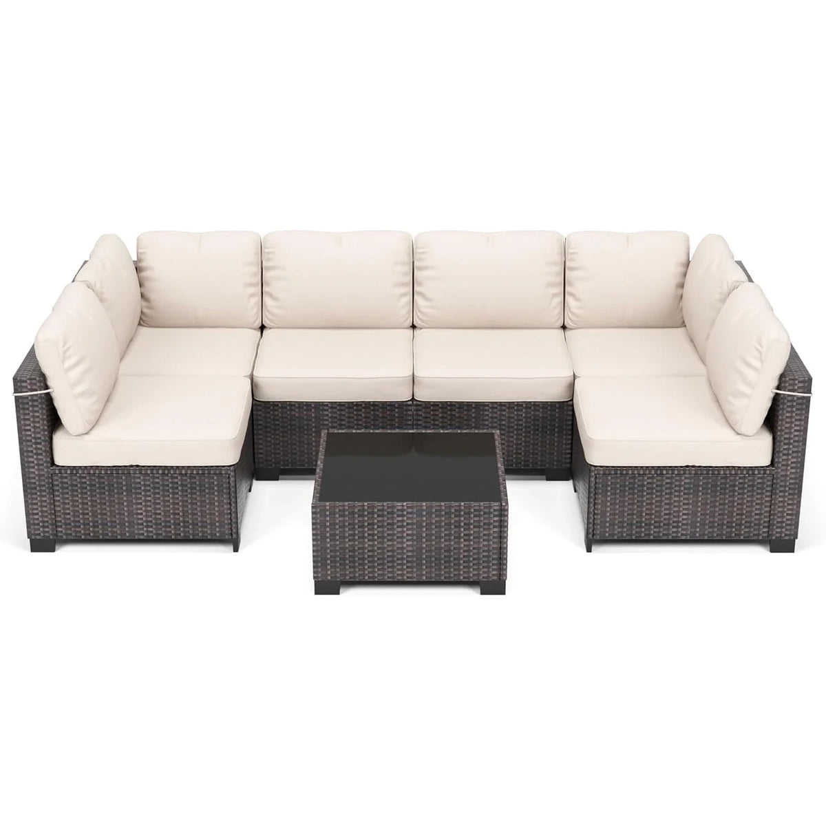 7-Piece PE Rattan Outdoor Conversation Set with Glass Table