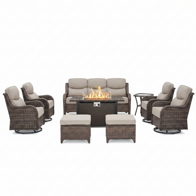 9-Piece Outdoor Patio Furniture Set with Fire Pit Table,Swivel Chairs and 6" Thick Cushions,Sectional Sofa and Ottomans,Patio Conversation Set for Porch Deck Garden Backyard