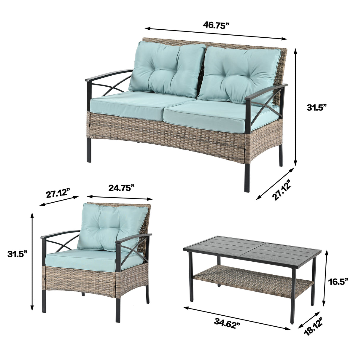 4-Piece Brown PE Rattan Patio Conversation Set with Cushions