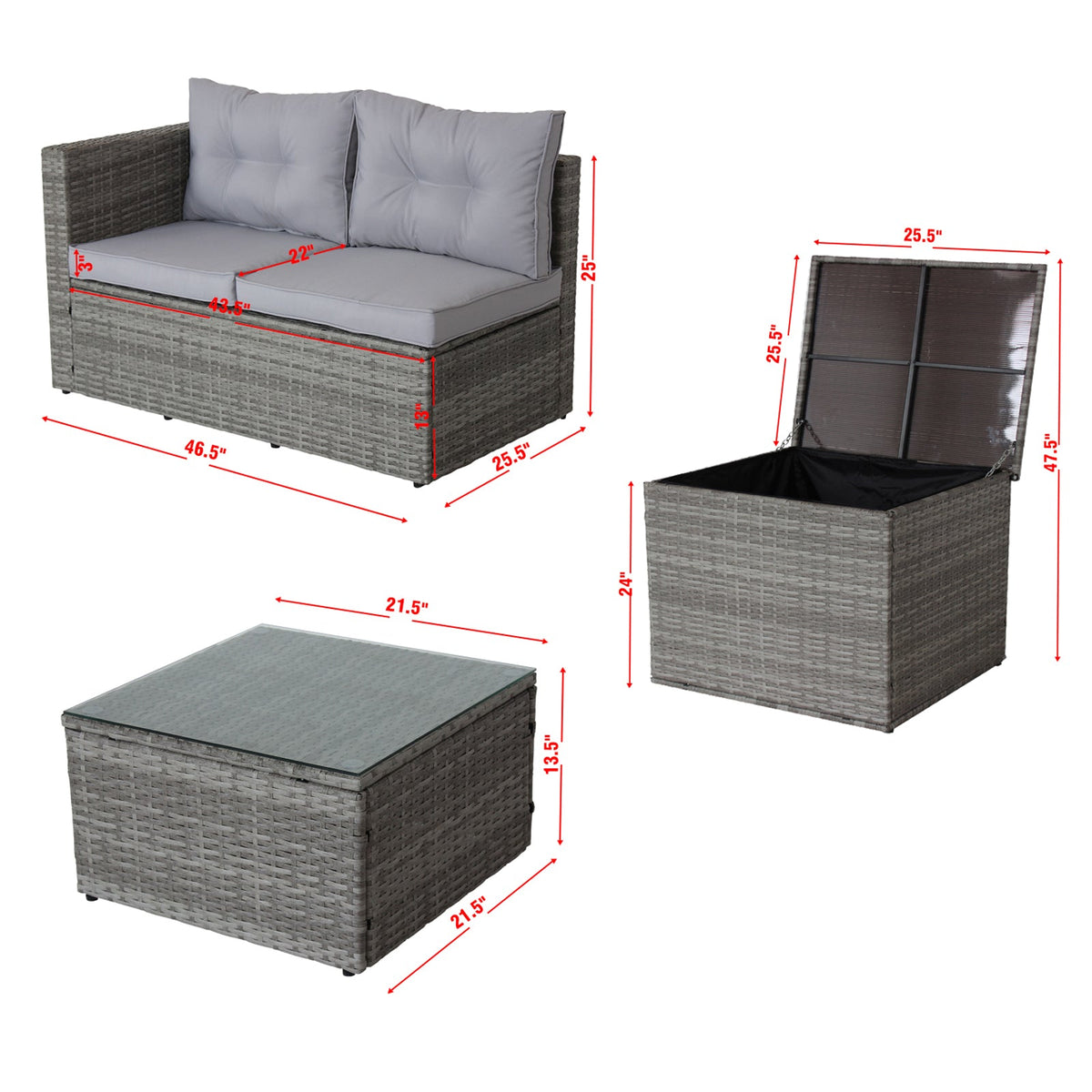 4-Piece Gray Wicker Rattan Patio Sectional Set with Storage Box