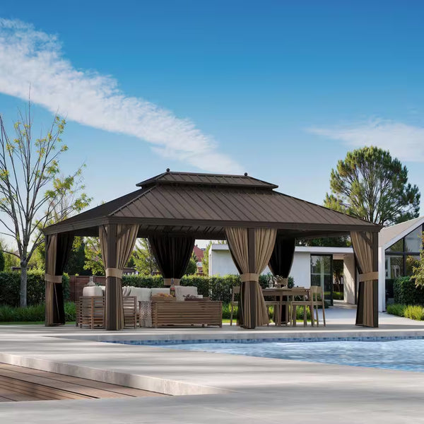 14 × 20 ft Aluminum Hardtop Gazebo with Steel Roof, Curtains and Netting