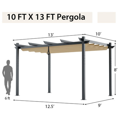 10x13 ft Aluminum Retractable Pergola with Beige Canopy