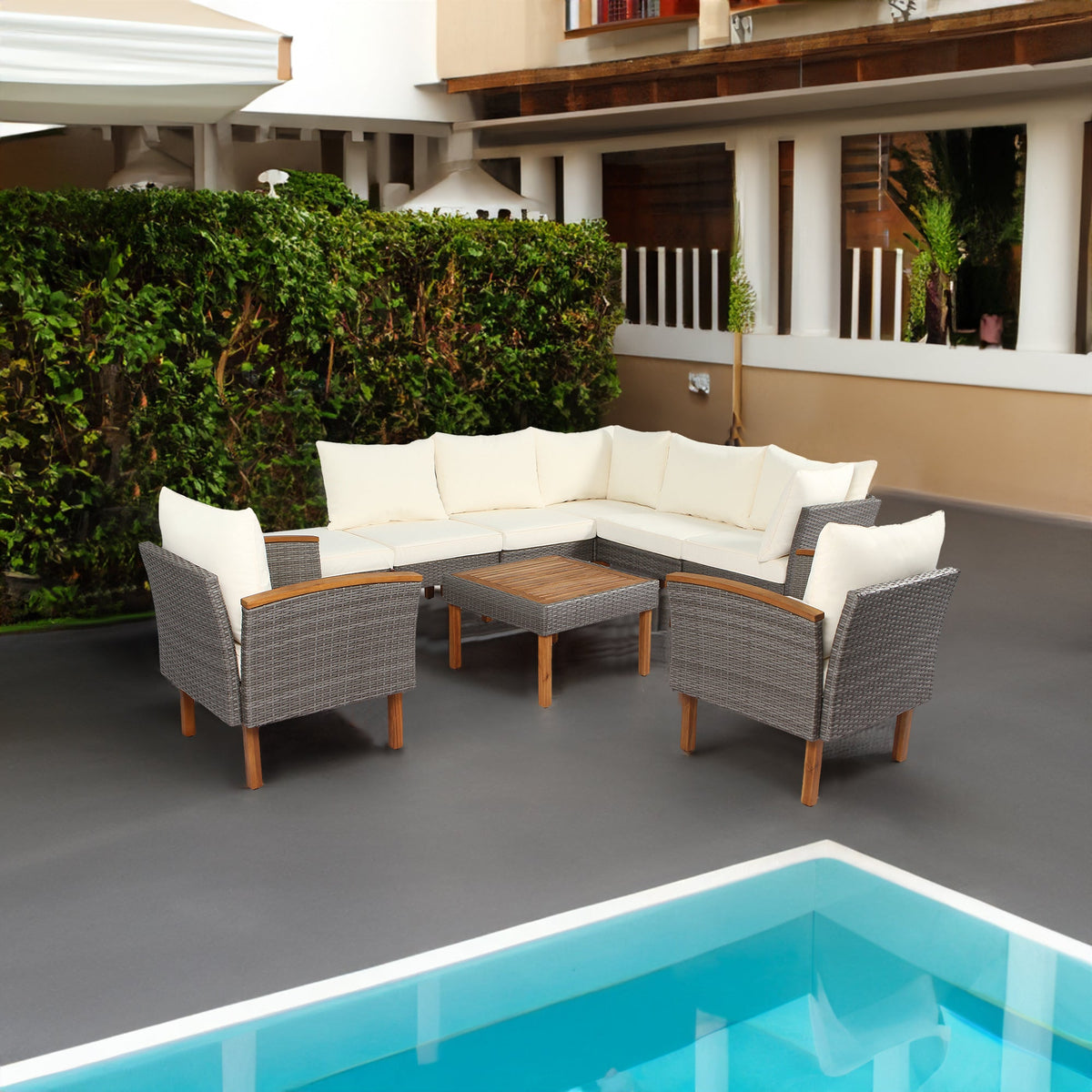 9-Piece Outdoor PE Wicker Patio Set with Acacia Wood