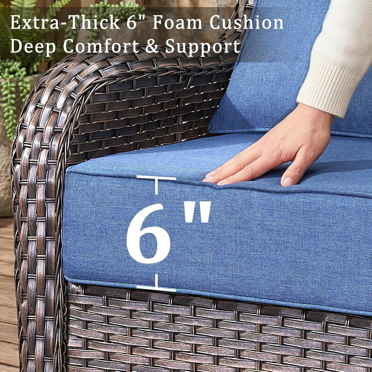 Luxury High Back Outdoor Furniture with 6-Inch Thick Cushions, Patio Furniture Set with Swivel Chairs, 5 PCS Wicker Conversation Set for Porch, Balcony, Deck and Yard