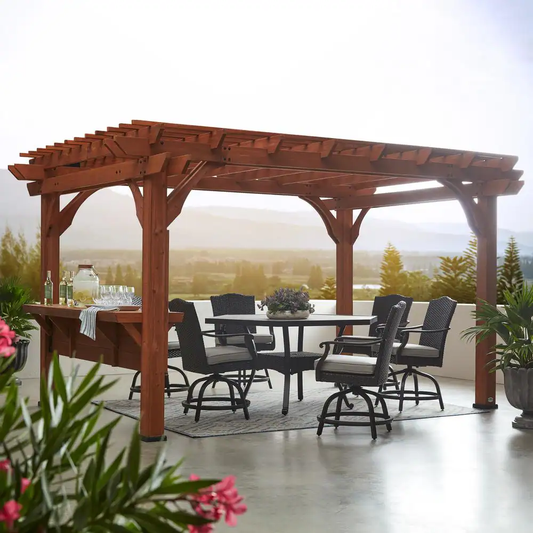 10 × 14 ft Cedar Wood Pergola with Serving Bar and PowerPort