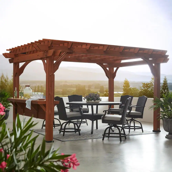 10 × 14 ft Cedar Wood Pergola with Serving Bar and PowerPort