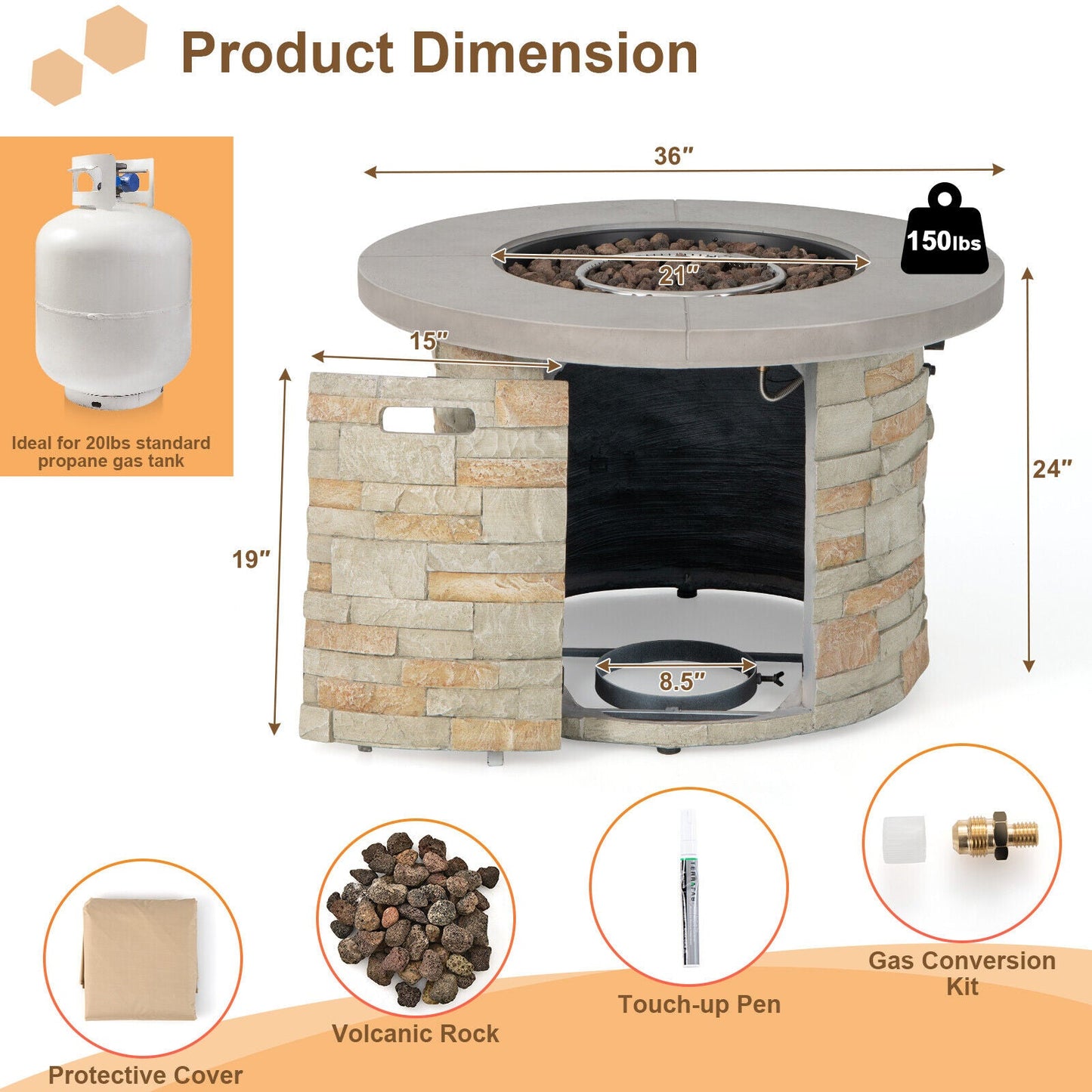 36-In. Propane Fire Pit Table with Lava Rocks and PVC Cover