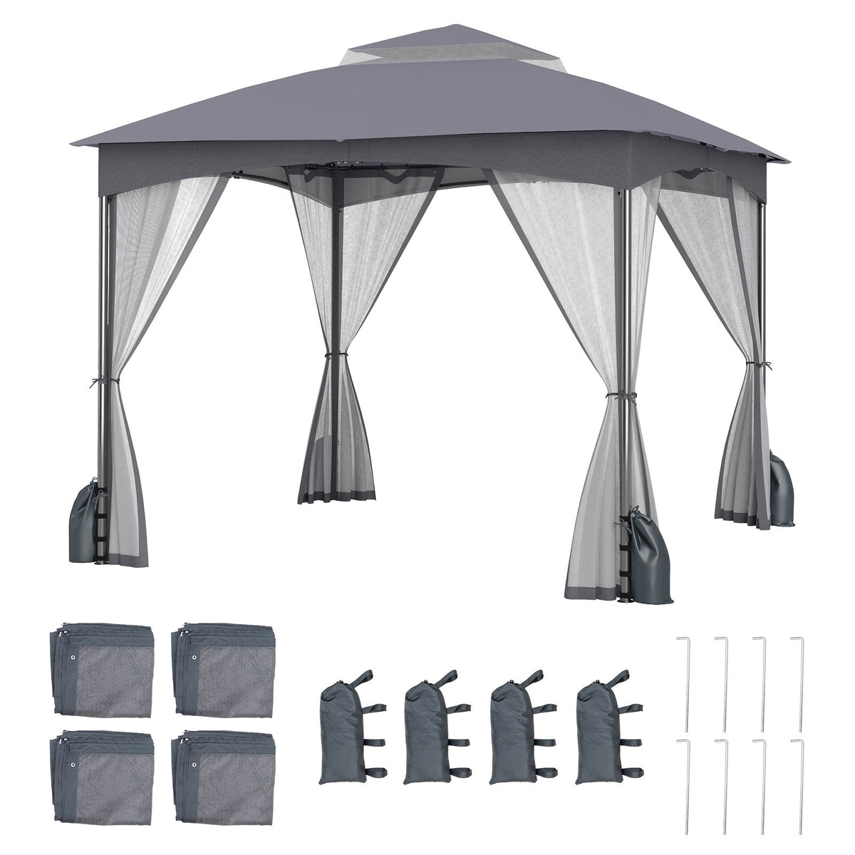 10 x 10 ft Patio Gazebo with Mesh Walls and Sandbags