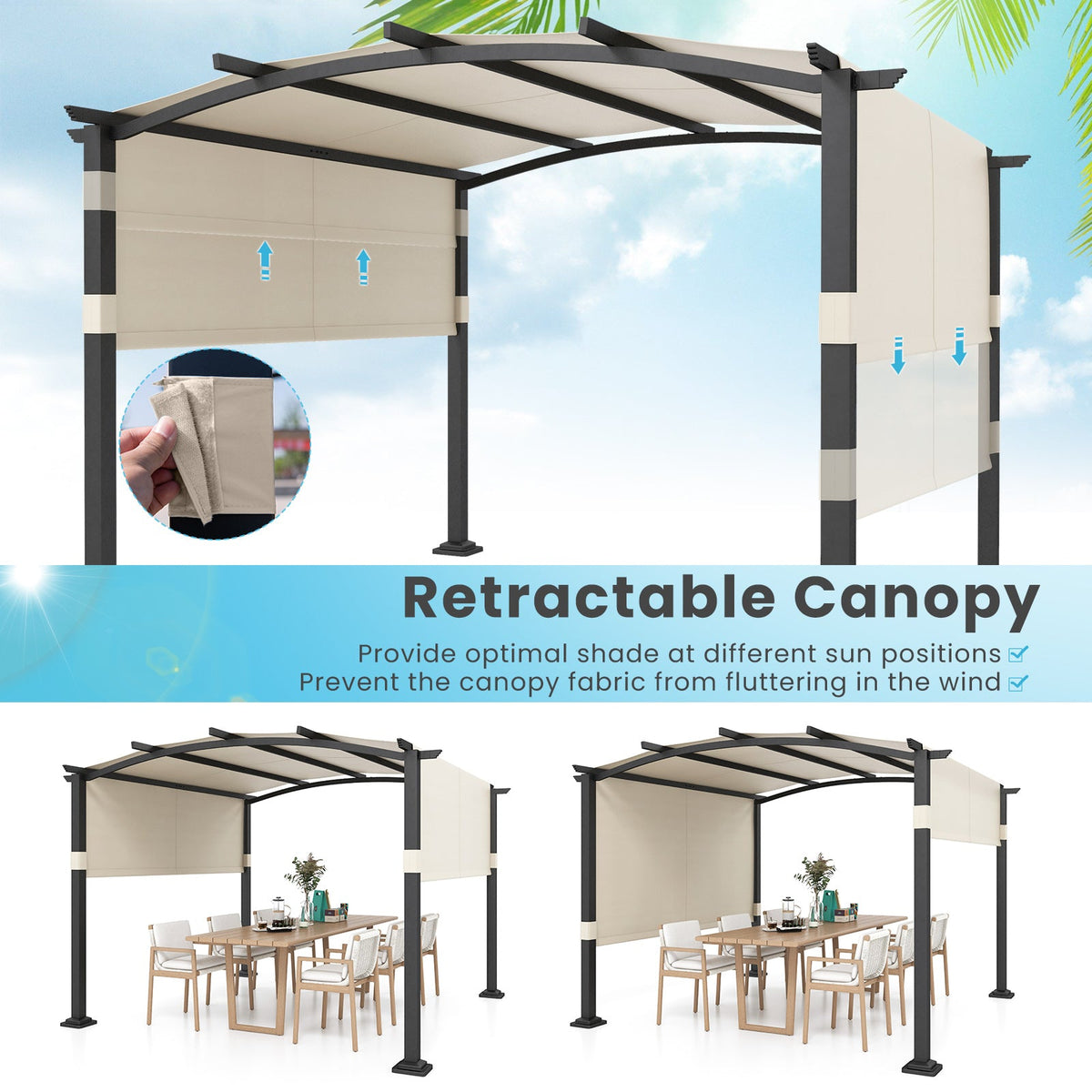 10x10 ft Arched Pergola with Retractable Polyester Canopy