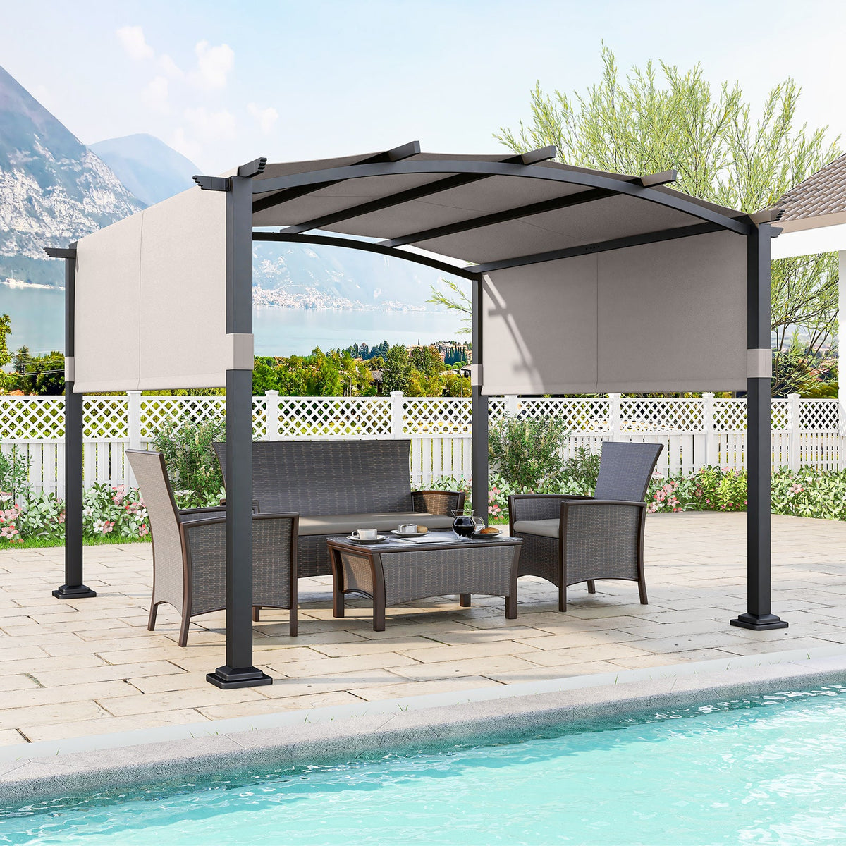 10x10 ft Arched Pergola with Retractable Polyester Canopy