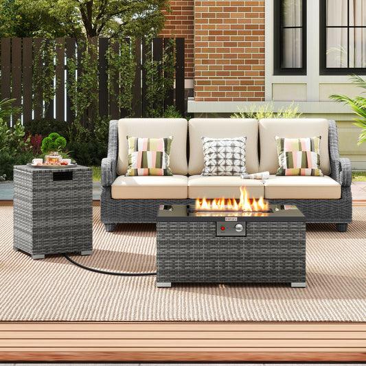 2-Piece 32-Inch Rattan Propane Fire Pit Table Set with Cover