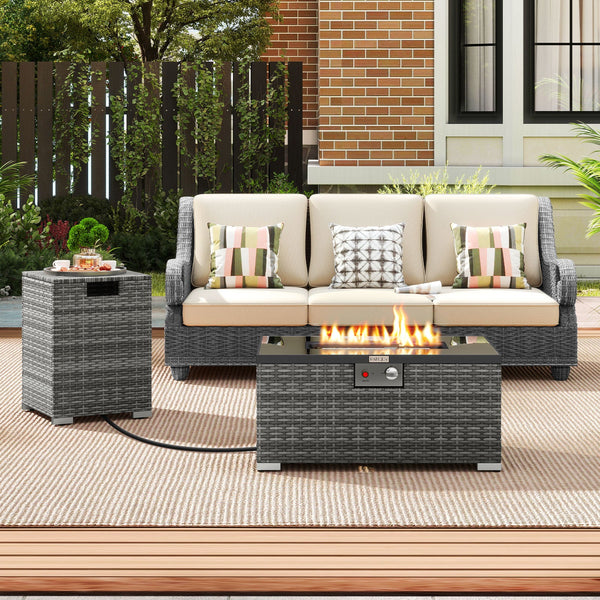 2-Piece 32-Inch Rattan Propane Fire Pit Table Set with Cover
