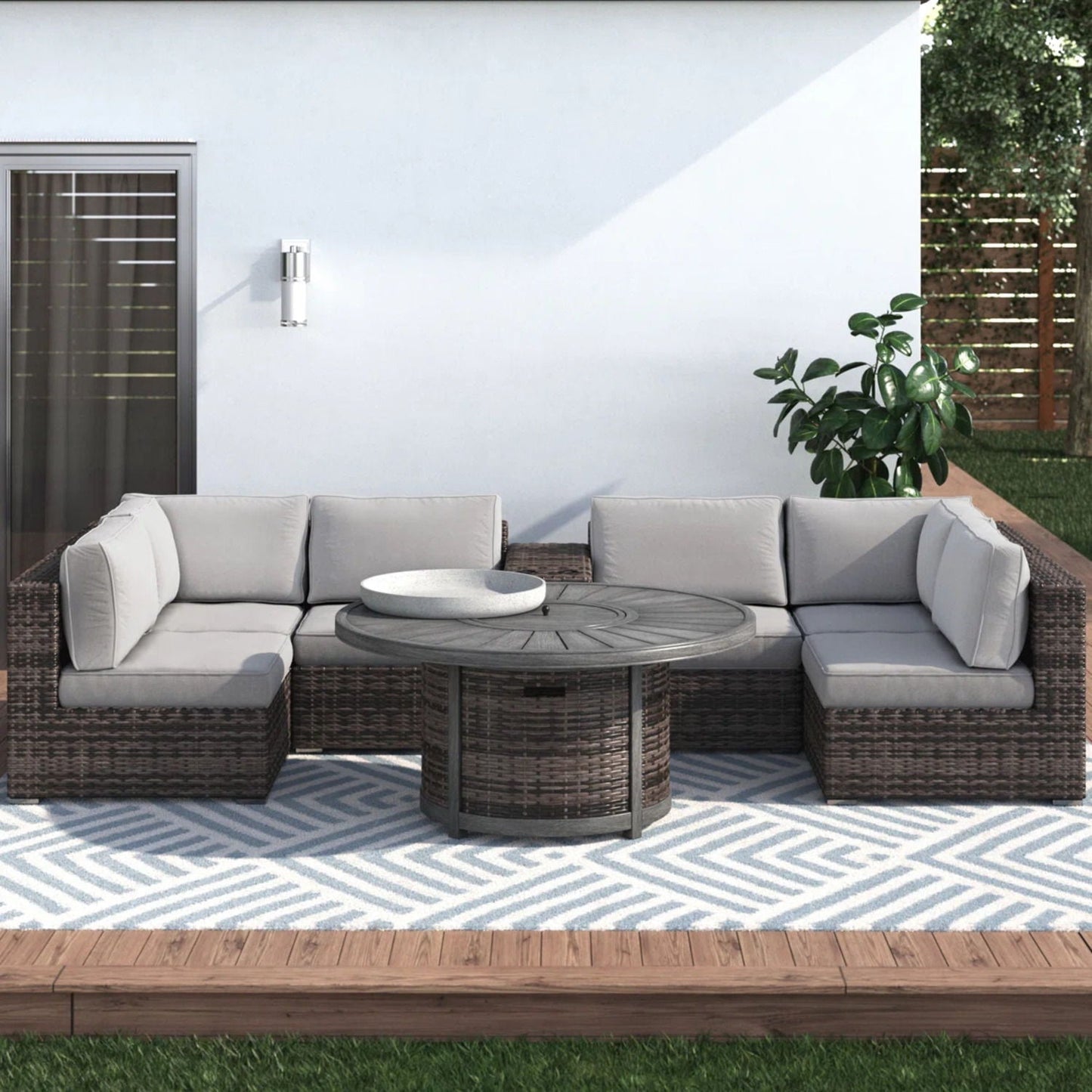 8-Piece Modular Patio Sofa Set with Fire Pit, Side Table & Weather-Resistant Cushions