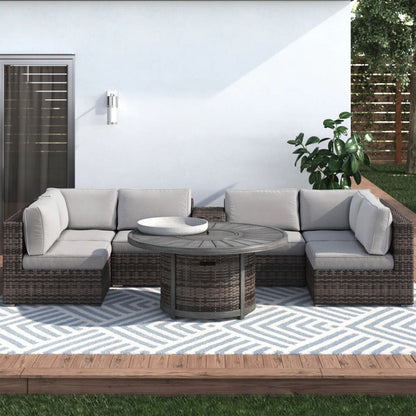 8-Piece Modular Patio Sofa Set with Fire Pit, Side Table & Weather-Resistant Cushions
