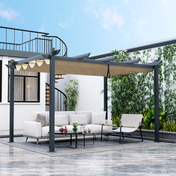 10x13 ft Aluminum Retractable Pergola with Beige Canopy