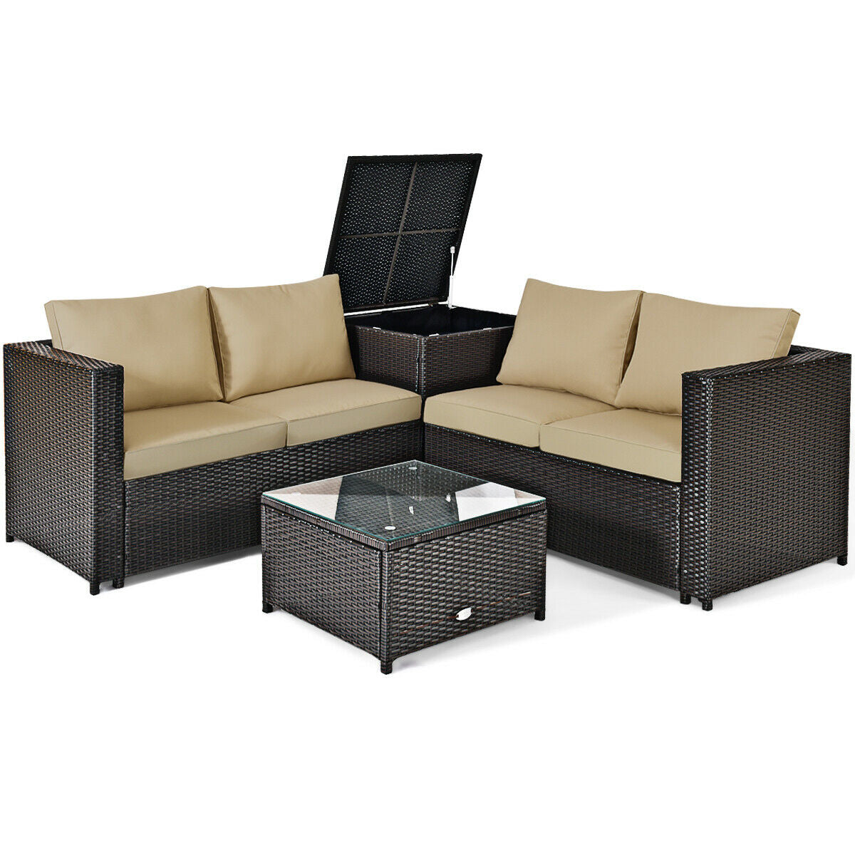 4-Piece Outdoor Rattan Patio Furniture Set with Glass Table
