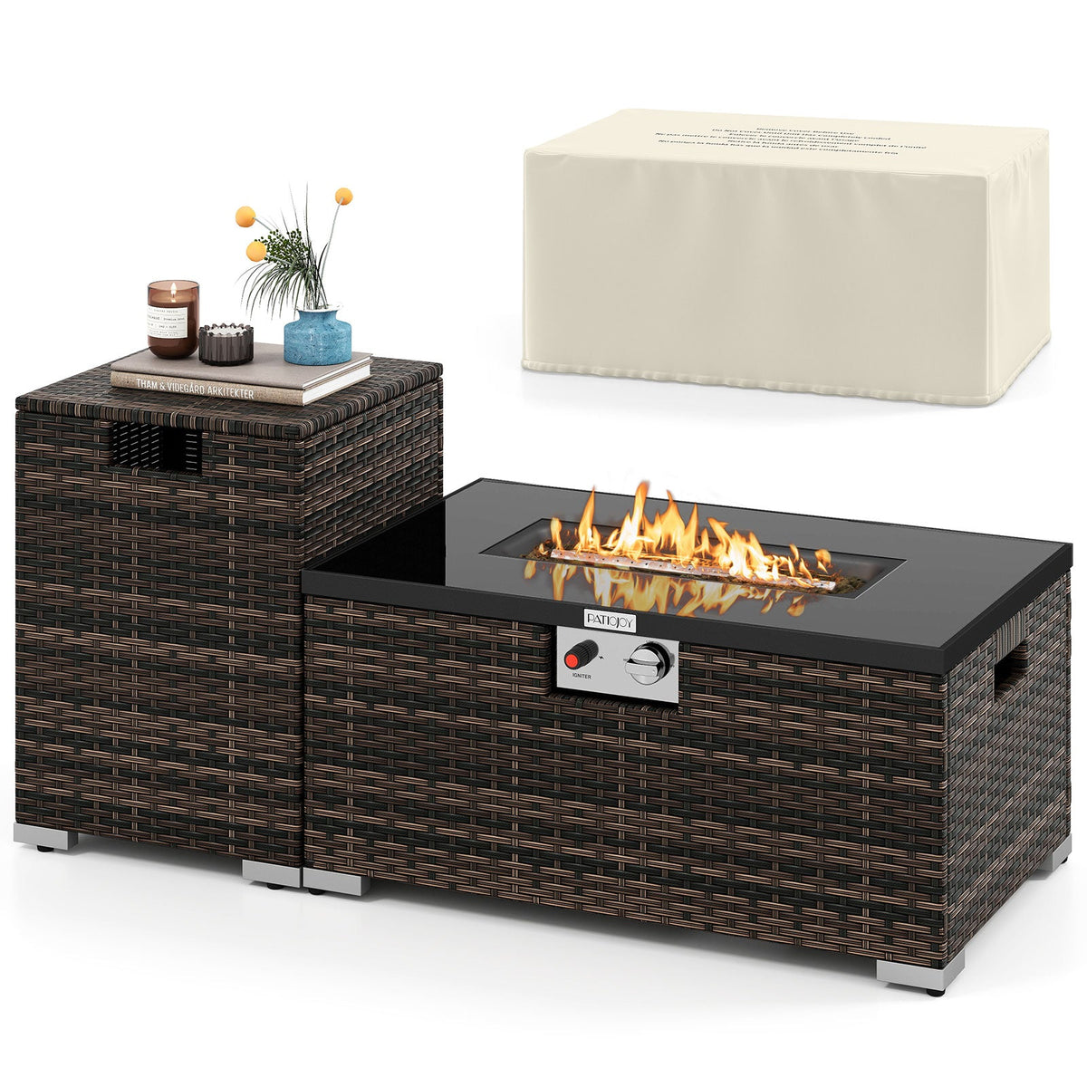 2-Piece 32-Inch Rattan Propane Fire Pit Table Set with Cover