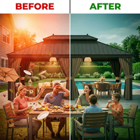 14 Ft. X 20 Ft. Double Galvanized Steel Roof Aluminum Frame Outdoor Patio Hardtop Gazebo with Netting and Curtains — Before & After