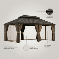 14 Ft. X 20 Ft. Double Galvanized Steel Roof Aluminum Frame Outdoor Patio Hardtop Gazebo with Netting and Curtains — infographic