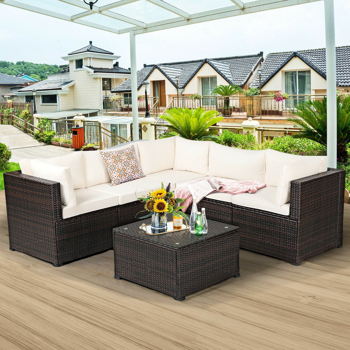 6-Piece PE Rattan Patio Sectional Sofa Set with Cushions