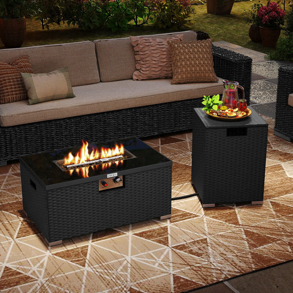 2-Piece 32-Inch Rattan Propane Fire Pit Table Set with Cover