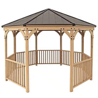 DIY Meridian 12 Ft. Octagon Enclosed Wood Outdoor Patio Gazebo with Brown Hardtop Metal Roof and 36 In. Guard Rail