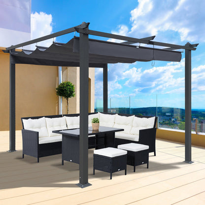 10x10 ft Retractable Aluminum Pergola with Gray Canopy
