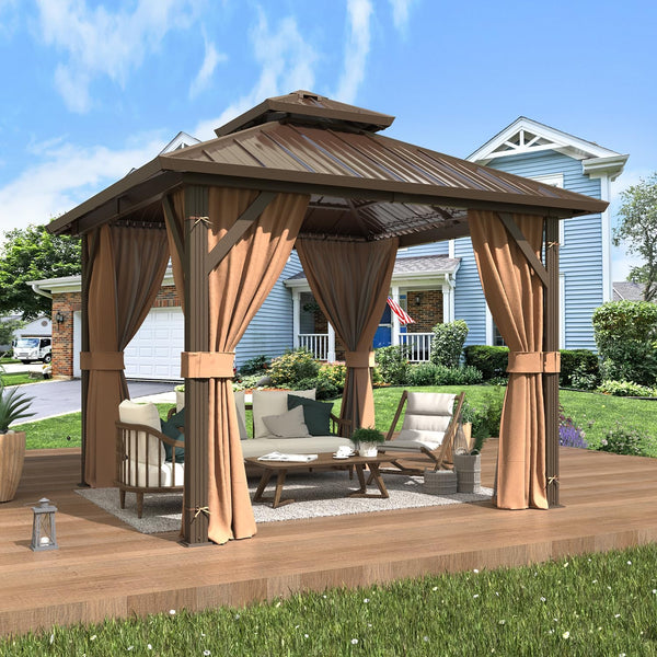 10'X10' Gazebo Hardtop, Galvanized Steel Double Roof Metal Gazebo with Aluminum Frame, Permanent Outdoor Pavilion with Curtain and Netting for Patio, Lawn and Garden, Brown