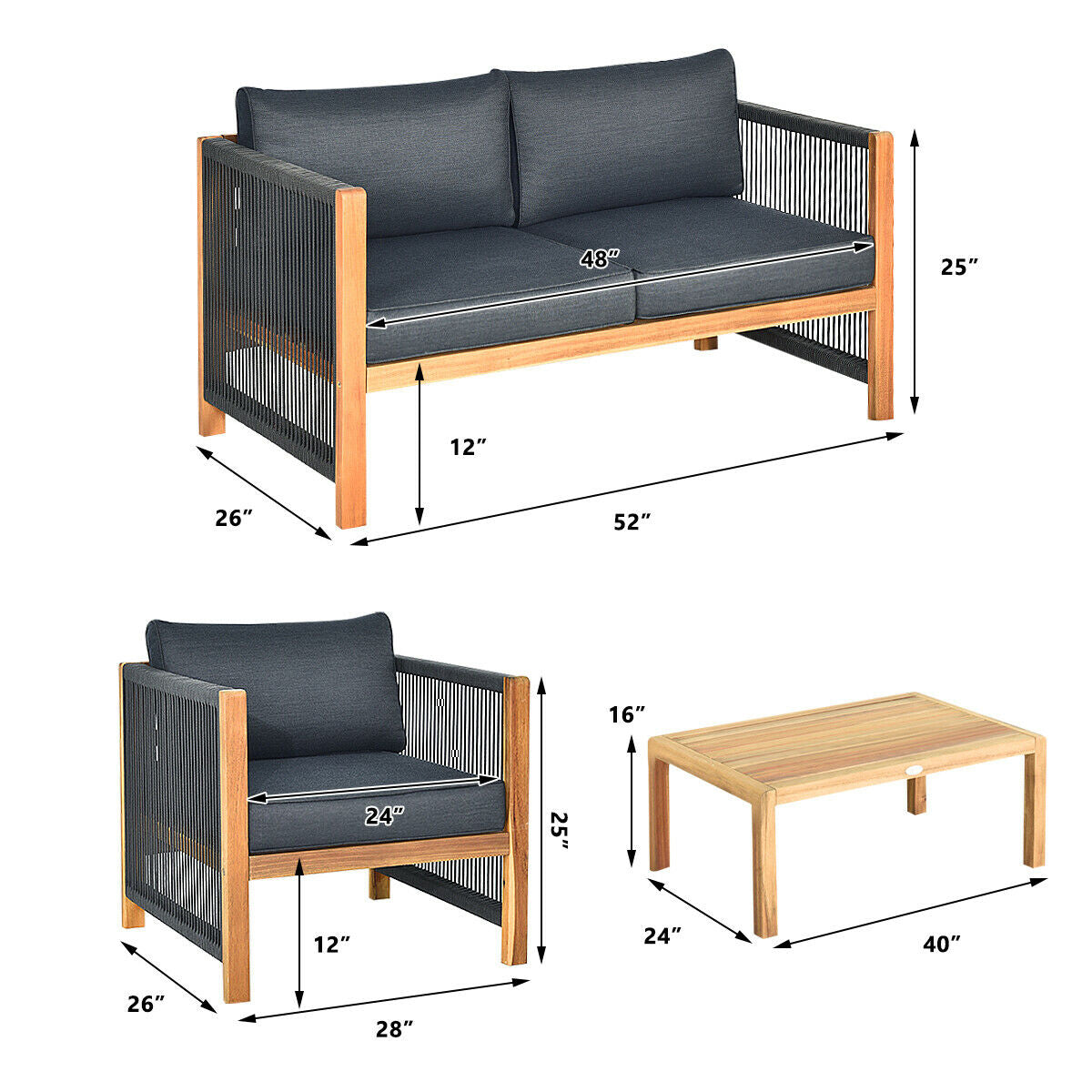 4-Piece Acacia Wood Patio Furniture Set with Cushions