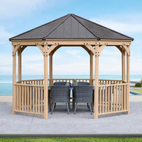 DIY Meridian 12 Ft. Octagon Enclosed Wood Outdoor Patio Gazebo with Brown Hardtop Metal Roof and 36 In. Guard Rail