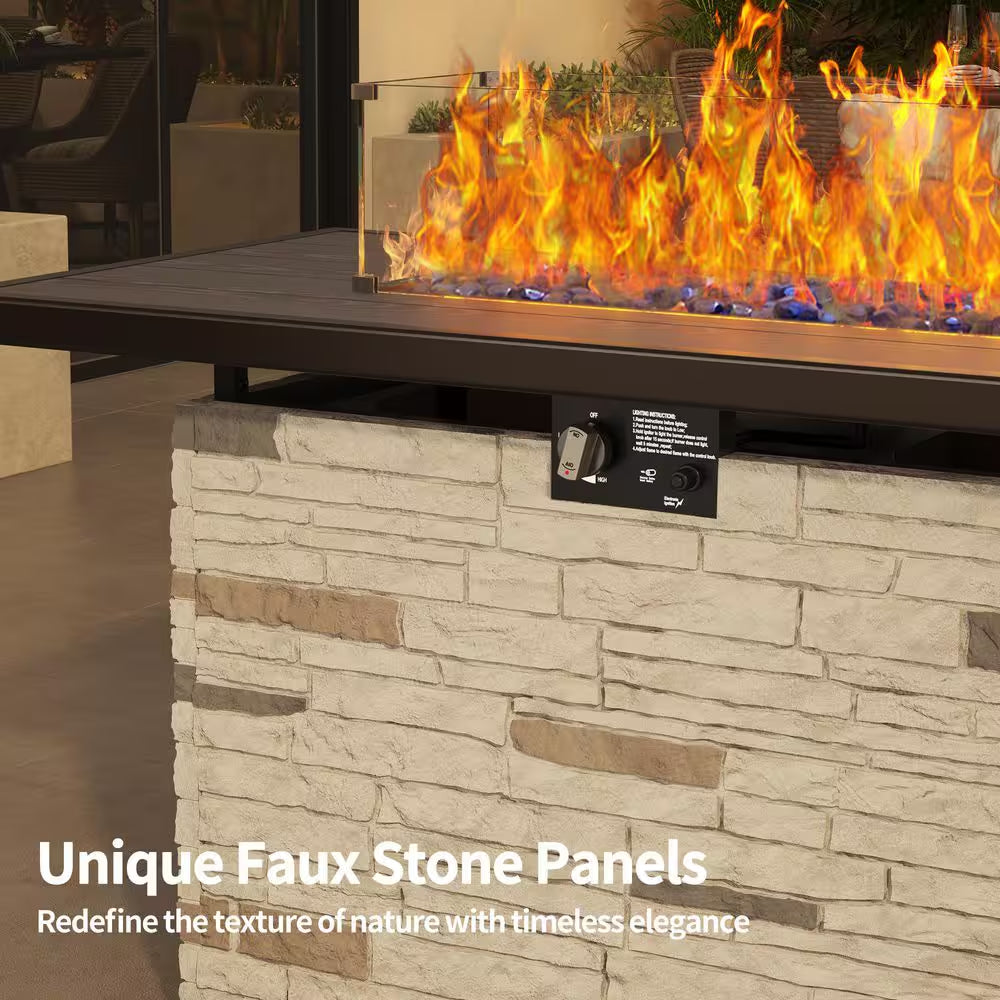 43 In. Propane Fire Pit Table Outdoor Stone Firepit Table Rectangular 50000 BTU Propane Fire Tables-Buff