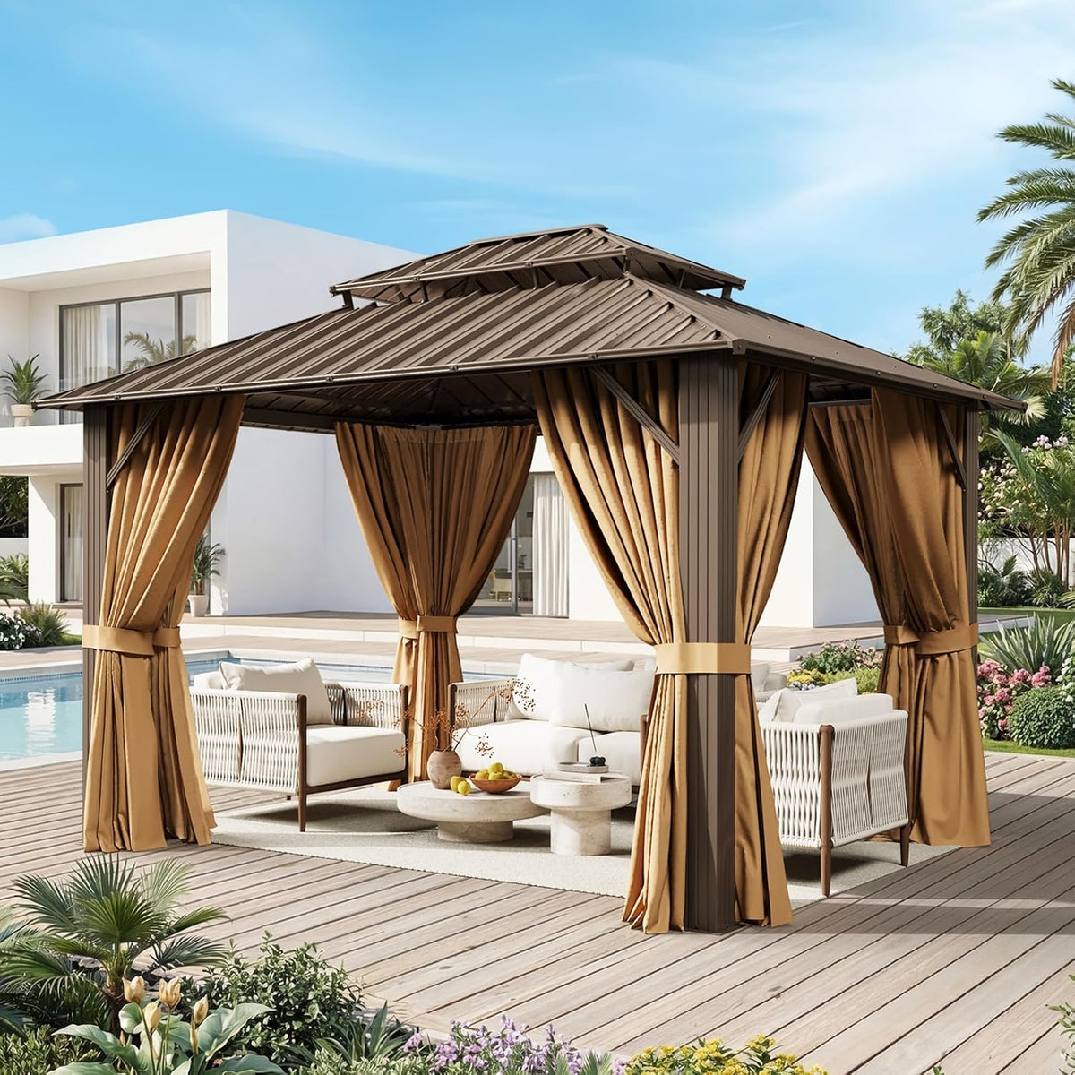 10X12Ft Hardtop Gazebo with 50FT Solar String Lights Brown