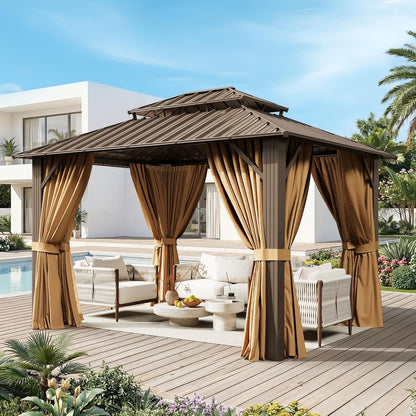 10X12Ft Hardtop Gazebo with 50FT Solar String Lights Brown