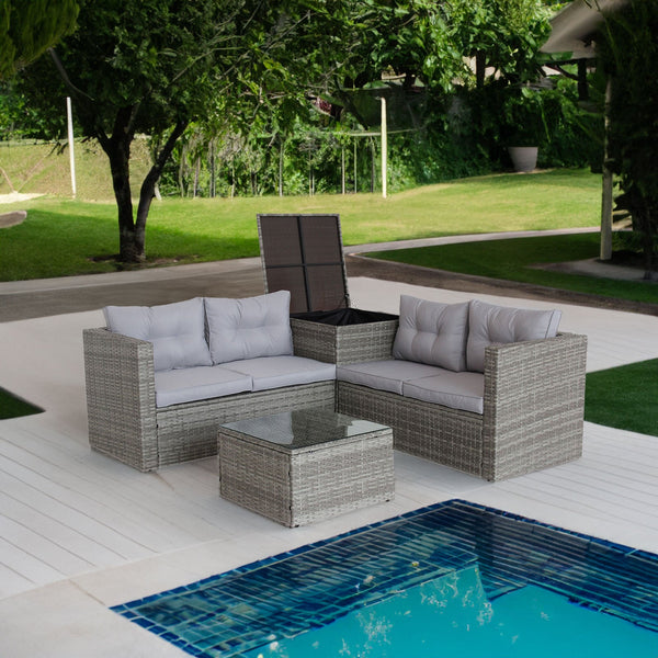 4-Piece Gray Wicker Rattan Patio Sectional Set with Storage Box