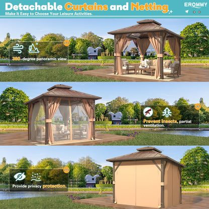 10'X10' Gazebo Hardtop, Galvanized Steel Double Roof Metal Gazebo with Aluminum Frame, Permanent Outdoor Pavilion with Curtain and Netting for Patio, Lawn and Garden, Brown