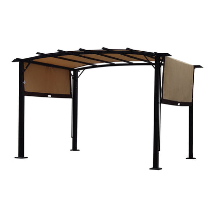 12x9 ft Retractable Steel Pergola with Beige and Brown Canopy