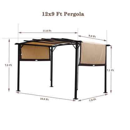 12x9 ft Retractable Steel Pergola with Beige and Brown Canopy