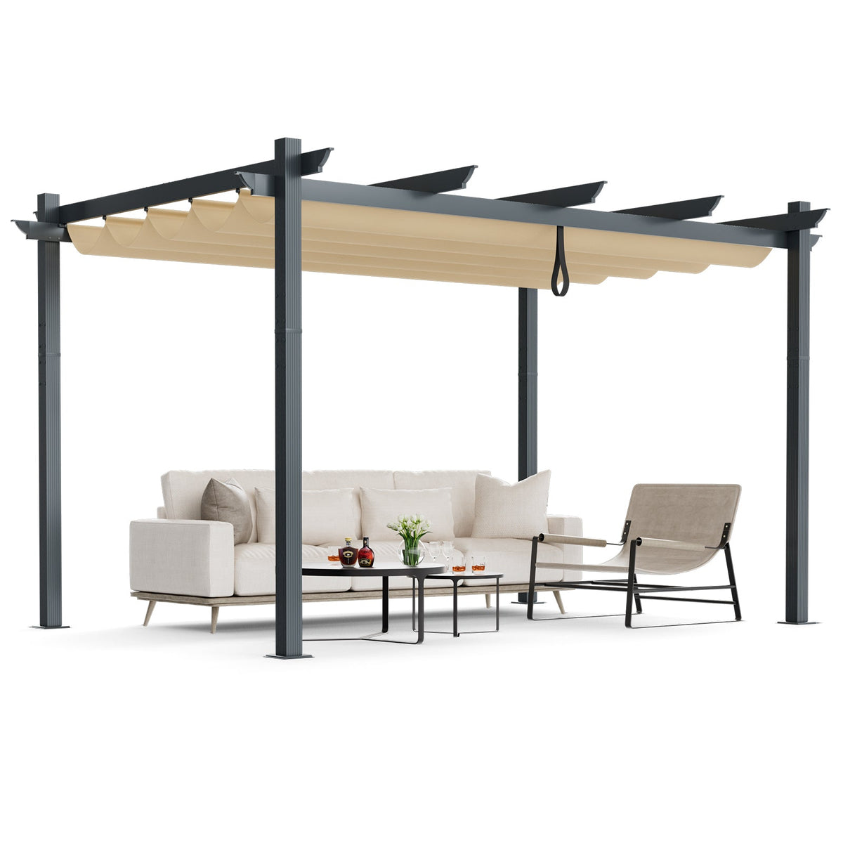 10x13 ft Aluminum Retractable Pergola with Beige Canopy