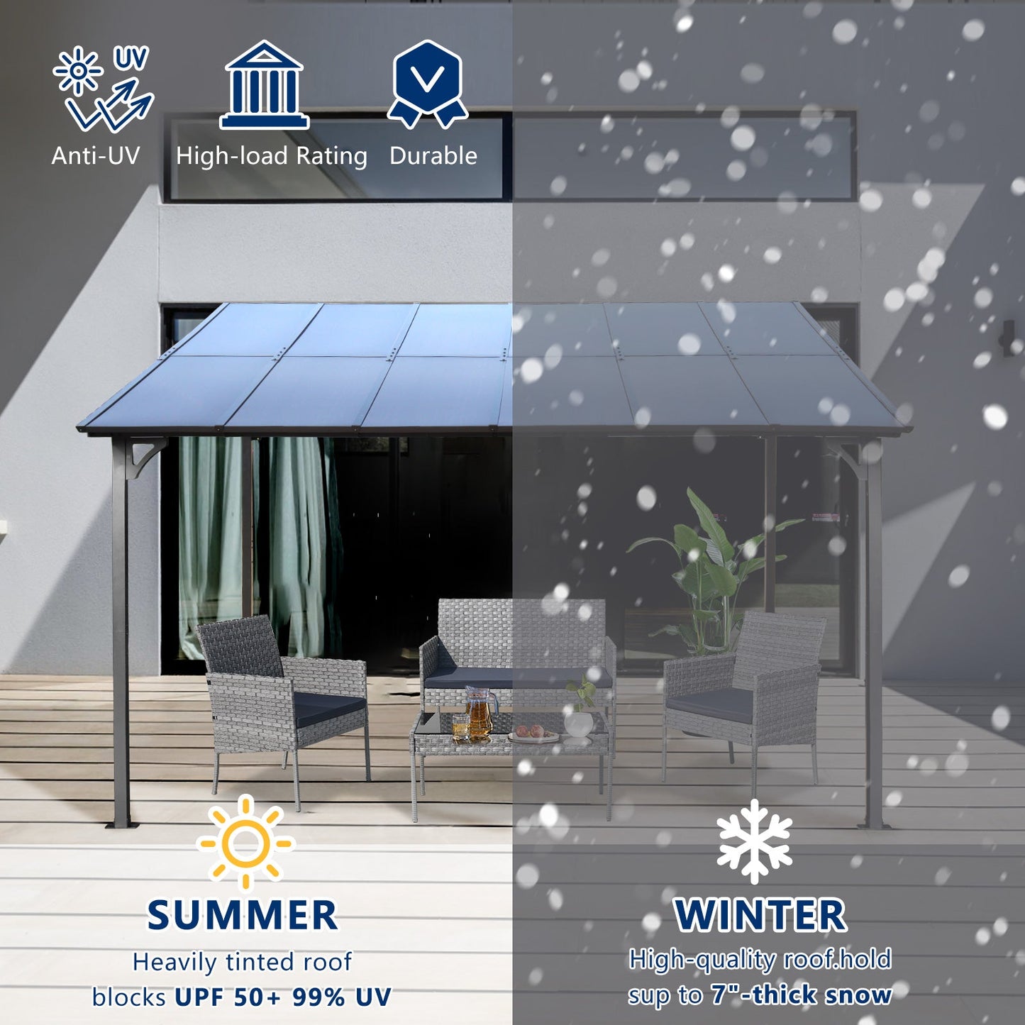 10' x 12' Wall-Mounted Metal Pergola Gazebo with Protective Roof