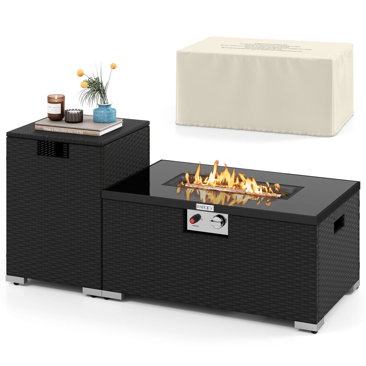 2-Piece 32-Inch Rattan Propane Fire Pit Table Set with Cover